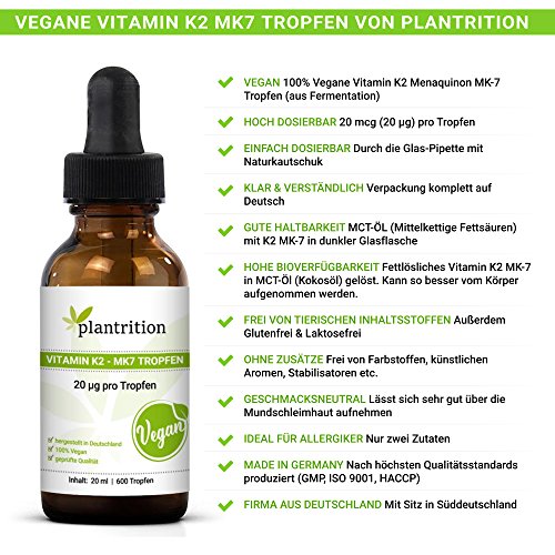 Vitamin K2 Mk7 Tropfen Vegan (100 µg pro Portion) plantrition 600 Tropfen Vitamin K2 Öl Natürliches Menaquinon MK-7 - >99% All-Trans 1 Flasche (20ml) -