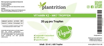 Vitamin K2 Mk7 Tropfen Vegan (100 µg pro Portion) plantrition 600 Tropfen Vitamin K2 Öl Natürliches Menaquinon MK-7 - >99% All-Trans 1 Flasche (20ml) - 