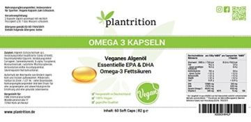 Premium Omega 3 Kapseln VEGAN hochdosiert mit Vitamin E - pflanzliche Alternative zu Fischöl Plantrition OMEGA 3 Algen-Öl mit hochdosiertem EPA & DHA - 60 Soft Caps - 