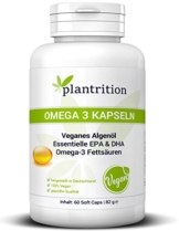 Premium Omega 3 Kapseln VEGAN hochdosiert mit Vitamin E - pflanzliche Alternative zu Fischöl Plantrition OMEGA 3 Algen-Öl mit hochdosiertem EPA & DHA - 60 Soft Caps -