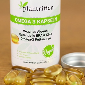 Premium Omega 3 Kapseln VEGAN hochdosiert mit Vitamin E - pflanzliche Alternative zu Fischöl Plantrition OMEGA 3 Algen-Öl mit hochdosiertem EPA & DHA - 60 Soft Caps - 